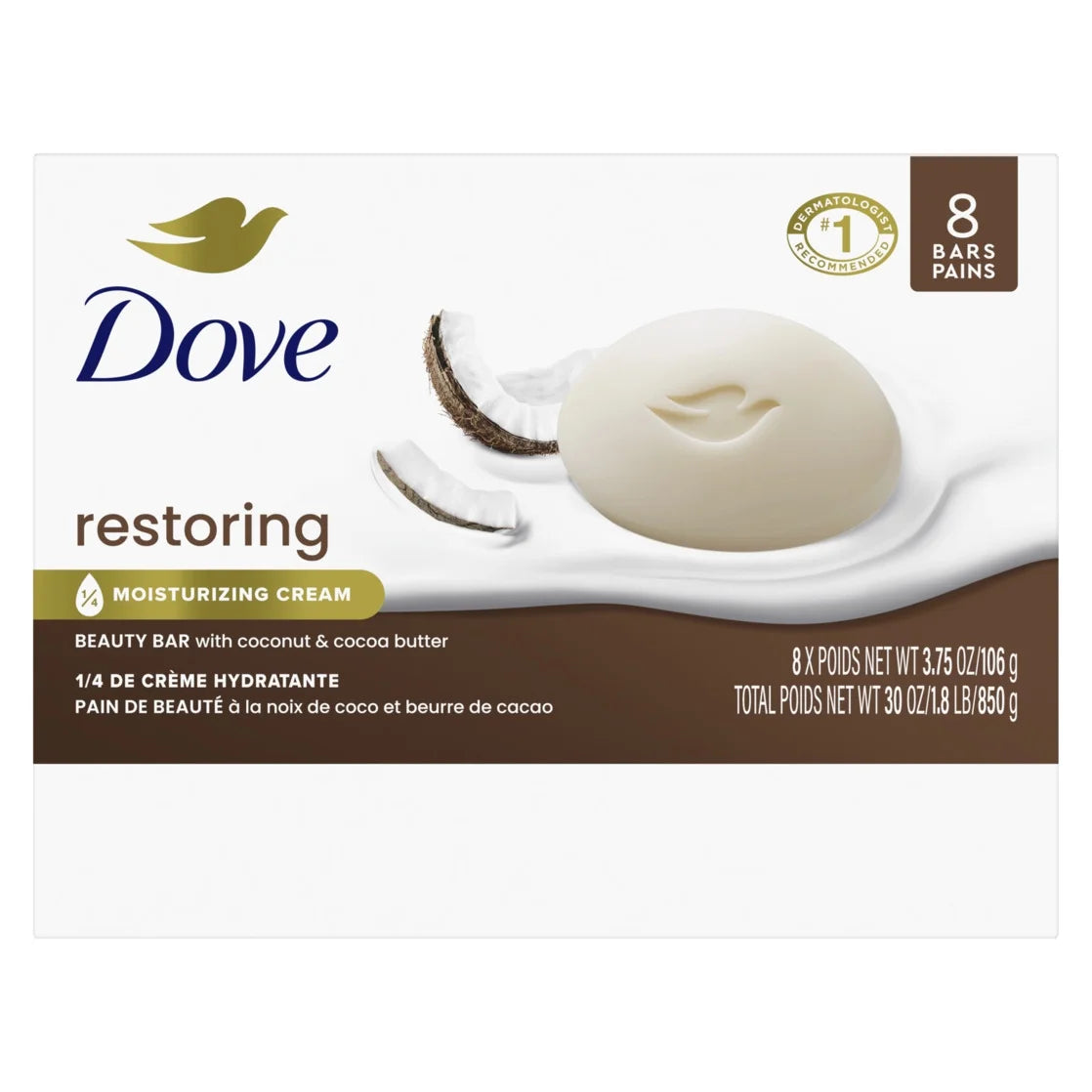 Dove Restoring Beauty Bar con Coco y Manteca de Cacao – Pack de 8 Unidades