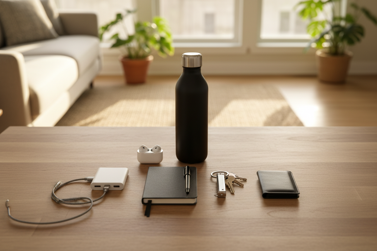 Productos útiles sobre mesa de madera con salón de fondo